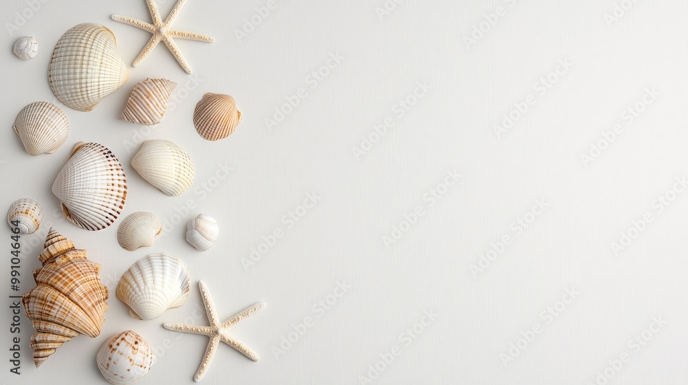 Serenity by the Seashore Exquisite Seashells and Starfish on Textured White Background - Coastal Elegance for Relaxing Designs Serenity by the Seashore Exquisite Seashells and Starfish on Textured White Background - Coastal Elegance for Relaxing Designs