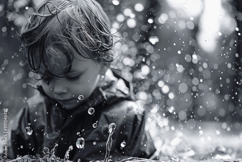 Generative AI picture of a charming boy getting to know the world playing outdoors rainy steet photo