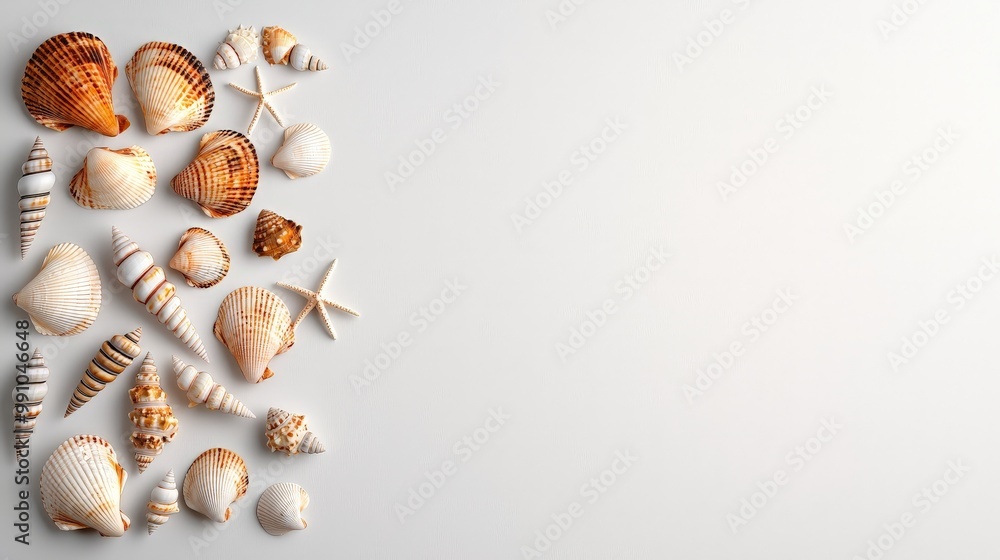 Coastal Treasures Tranquil Seashell Collection on White Background - Serene Beach Vibes for Relaxing Home Decor or Summer Designs Coastal Treasures Tranquil Seashell Collection on White Background - Serene Beach Vibes for Relaxing Home Decor or Summer Designs
