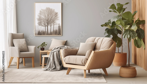 Modern Living Room Interior Design with Beige Sofa Wooden Accent Chair and Fiddle Leaf Fig Plant