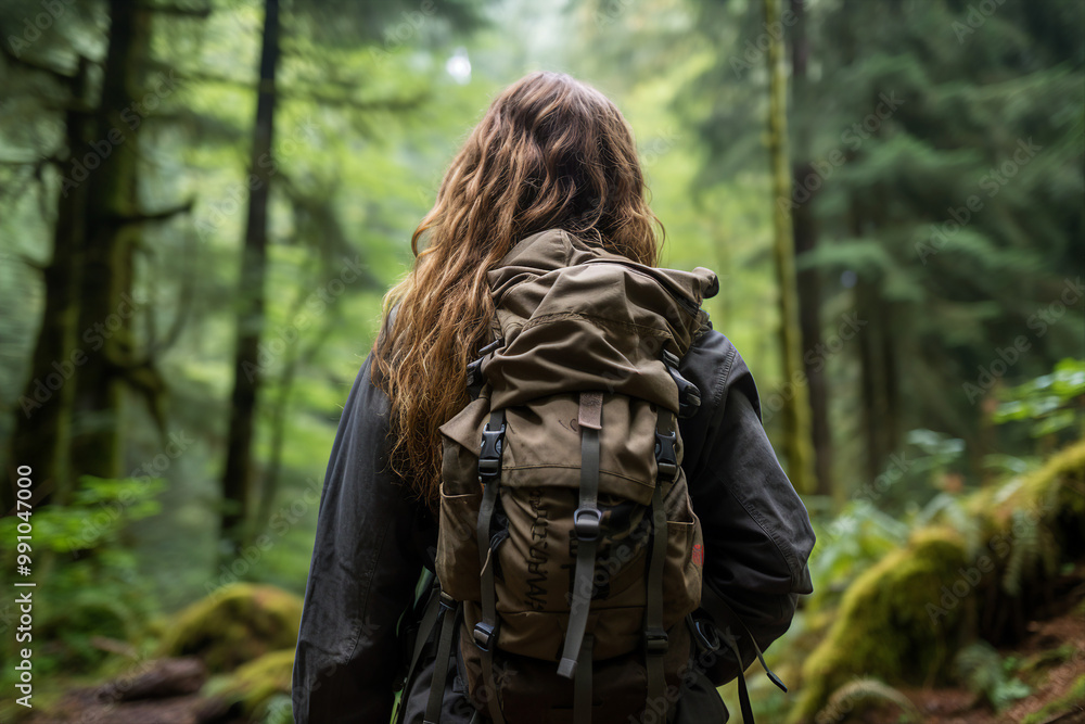 AI generated image of a happy young person exploring walking in forest AI generated image of a happy young person exploring walking in forest