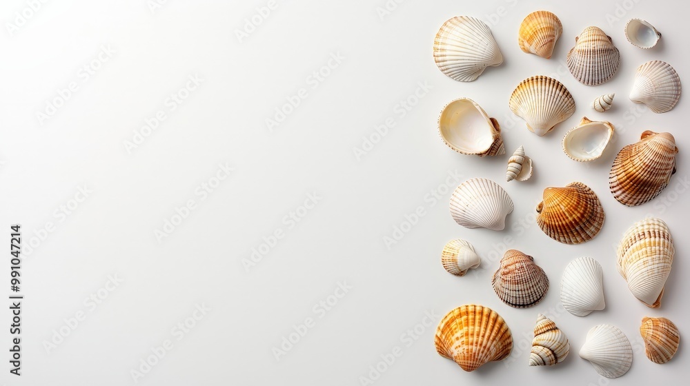 Serene Seashell Collection Closeup of Diverse Shells on Clean White Background - Coastal Decor, Relaxing Beach Vibes Serene Seashell Collection Closeup of Diverse Shells on Clean White Background - Coastal Decor, Relaxing Beach Vibes