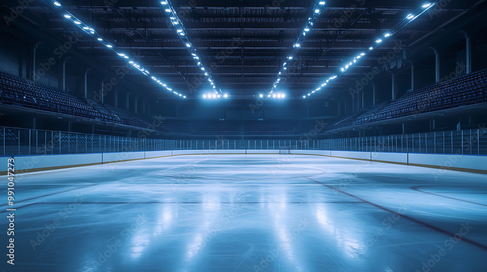 background with a deserted hockey rink, showcasing ice markings, empty stands, and a cool, still atmosphere background with a deserted hockey rink, showcasing ice markings, empty stands, and a cool, still atmosphere