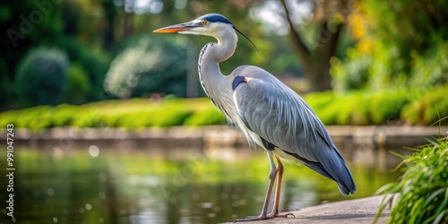 Close up of a gray heron standing gracefully in a park, gray heron, close up, wildlife, feathers, nature, animal