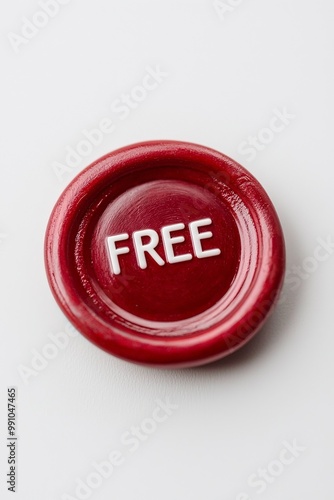 Vibrant Red FREE Button on Clean White Background - Macro View of Glossy Plastic - Minimalist Product Photography for Promotions and Marketing