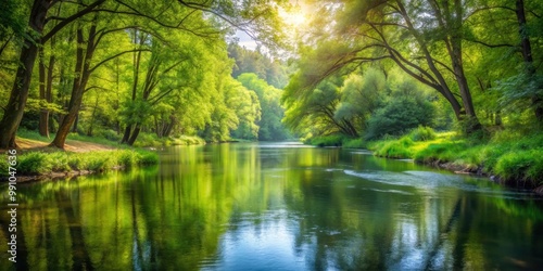 Serene landscape featuring a tranquil river winding through a lush forest, nature, scenic, peaceful, water