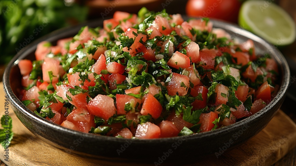 Tabbouleh salad with parsley, mint, and tomatoes, a traditional dish. Tabbouleh salad with parsley, mint, and tomatoes, a traditional dish.