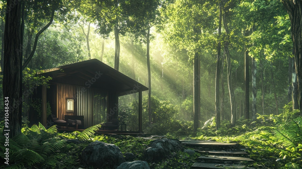 Wooden cabin with a porch in the middle of a dense green forest with sunbeams shining through the canopy. Wooden cabin with a porch in the middle of a dense green forest with sunbeams shining through the canopy.