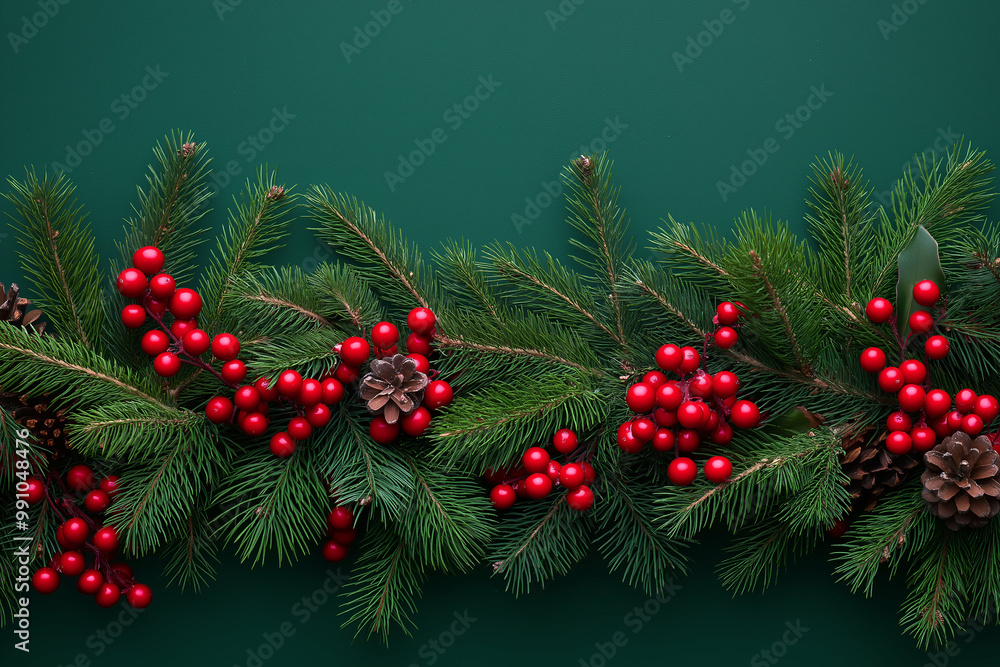 festive border of fir branches with holly berries and pinecones on a green background. Generative AI