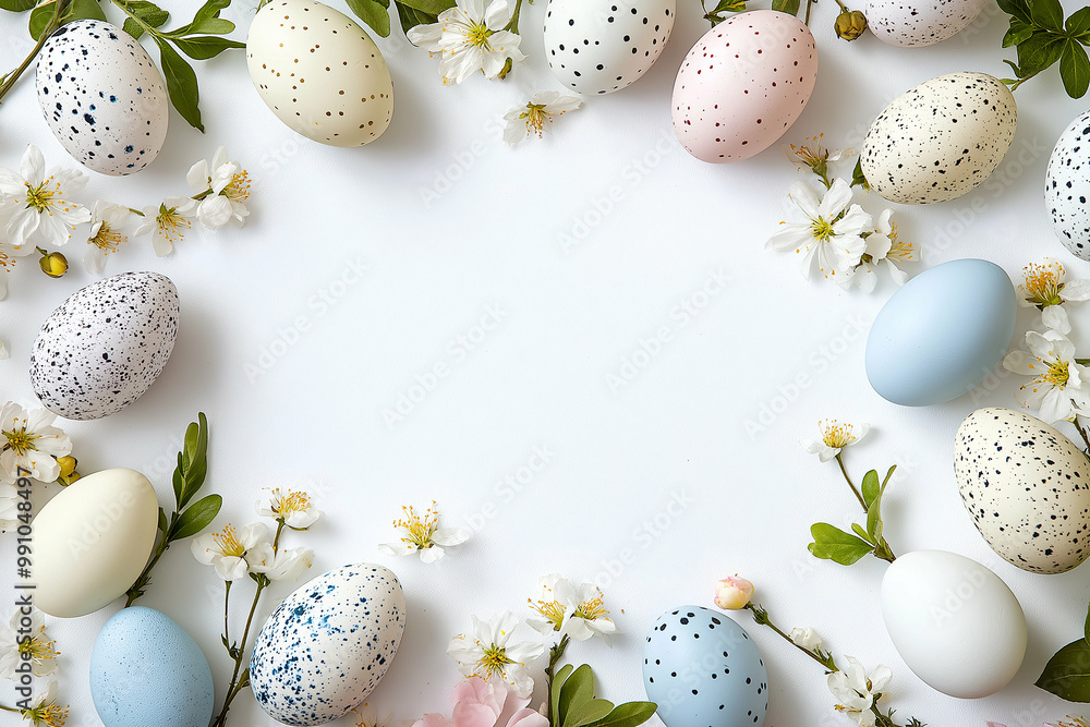 pastel Easter eggs and vibrant spring flowers arranged in a decorative frame, evoking the joy of the season. Generative AI