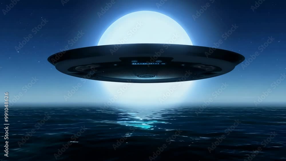 The camera pans around the edge of a UFO as it hovers over the ocean at night under rim lighting, creating a glowing outline around the UFO.
. The camera pans around the edge of a UFO as it hovers over the ocean at night under rim lighting, creating a glowing outline around the UFO.
.