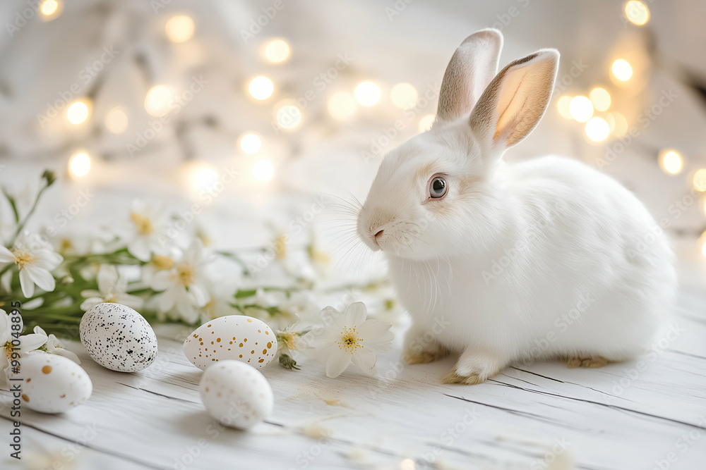 adorable rabbit on a white wooden table with spring flowers and Easter ...