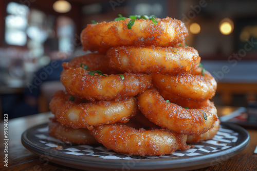crispy golden onion rings in a cozy rustic diner, evoking nostalgia and indulgence with a warm, welcoming atmosphere. Generative AI.