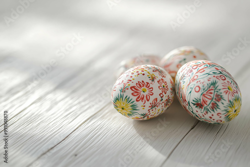 beautifully decorated Easter eggs with floral patterns resting on a light wooden surface in soft natural light. Generative AI photo