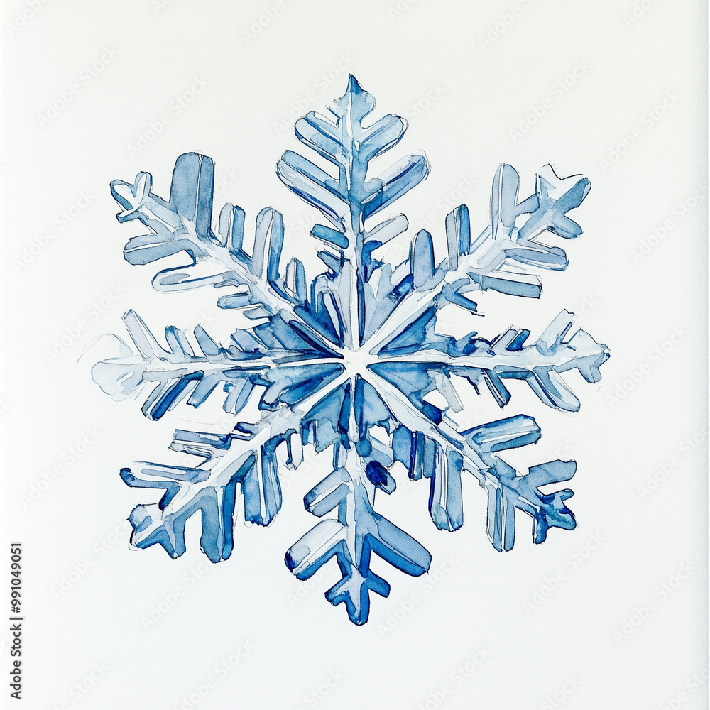 Watercolor illustration of a blue snowflake on a white background. Winter, snowfall, ice. Illustration for a Christmas card. Watercolor illustration of a blue snowflake on a white background. Winter, snowfall, ice. Illustration for a Christmas card.