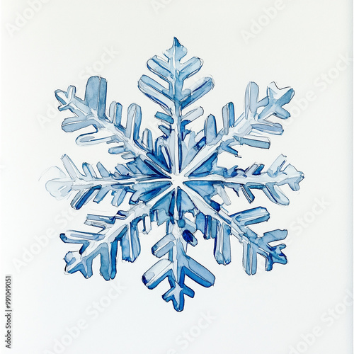 Watercolor illustration of a blue snowflake on a white background. Winter, snowfall, ice. Illustration for a Christmas card.