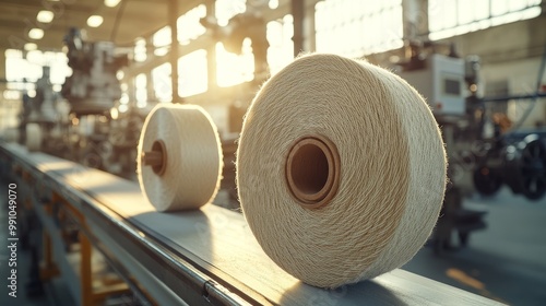 Light brown spool with clear texture, exposed to sunlight on the surface of the spool. The presence of robotic arms in the background adds an atmosphere of modern industrial equipment. photo