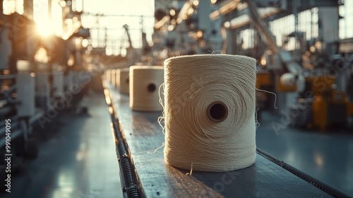 Light brown spool with clear texture, exposed to sunlight on the surface of the spool. The presence of robotic arms in the background adds an atmosphere of modern industrial equipment. photo