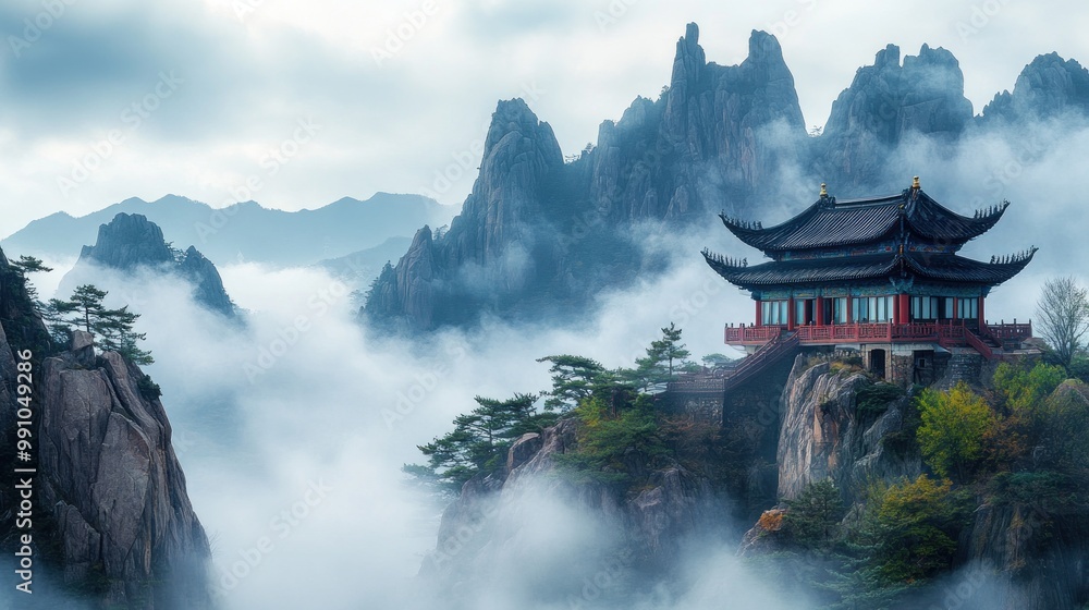 Traditional Chinese temple built on a mountain cliff with misty fog. Traditional Chinese temple built on a mountain cliff with misty fog.