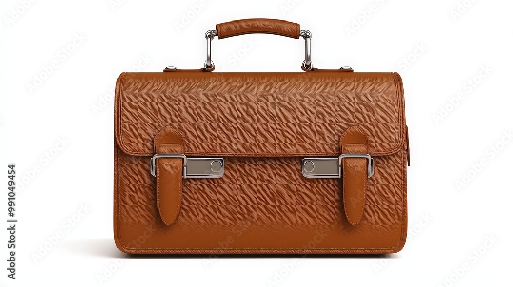 Luxurious Brown Leather Briefcase with Silver Hardware on White Background - Professional Business Accessory with Elegance and Style Luxurious Brown Leather Briefcase with Silver Hardware on White Background - Professional Business Accessory with Elegance and Style