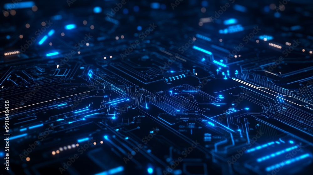 Abstract digital tech background with blue circuit trace lines on a dark background. Electronics and computer technology concept. Chip and circuit board vector illustration. Chip connectors. Abstract digital tech background with blue circuit trace lines on a dark background. Electronics and computer technology concept. Chip and circuit board vector illustration. Chip connectors.