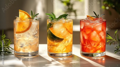 Three summer cocktails in unique glasses, placed in sunlight on a white surface.