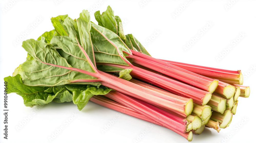 A bundle of fresh rhubarb stalks with bright green leaves and pink stems, resting on a white background A bundle of fresh rhubarb stalks with bright green leaves and pink stems, resting on a white background