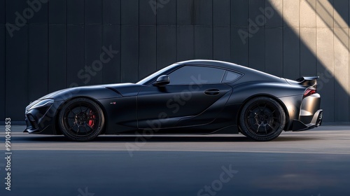 Black sports car parked in front of a dark wall with a ray of sunlight on the side.