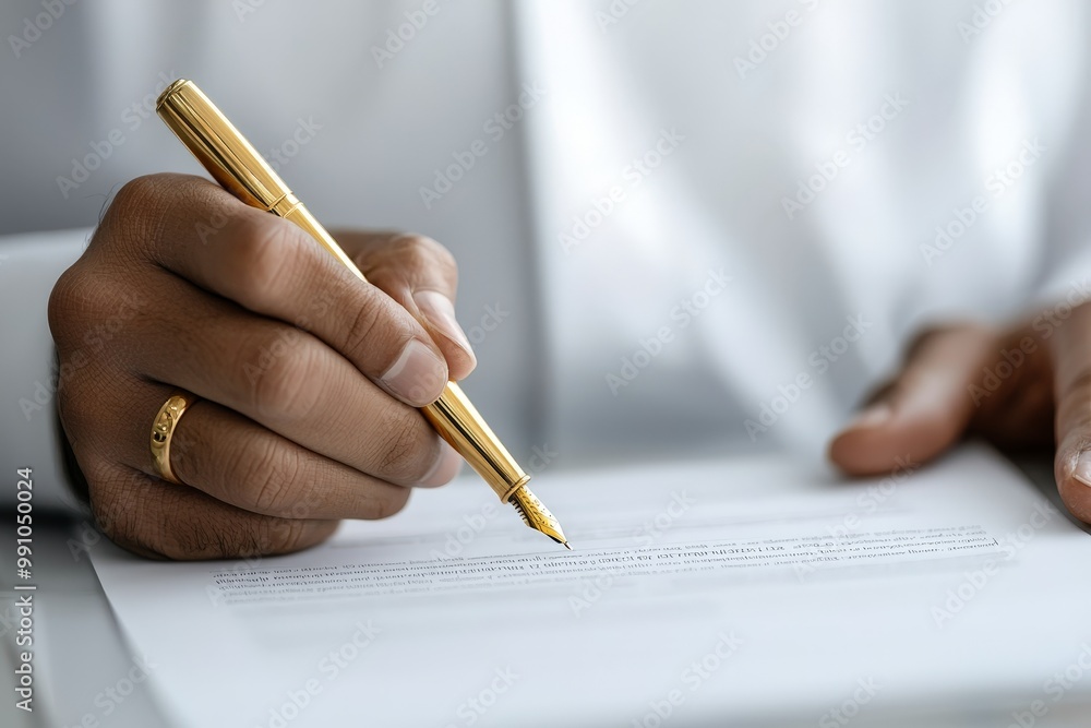 Luxurious Gold Fountain Pen Signing Document in Close-up Perspective, Formal Office Setting for Professional Business Concept Luxurious Gold Fountain Pen Signing Document in Close-up Perspective, Formal Office Setting for Professional Business Concept