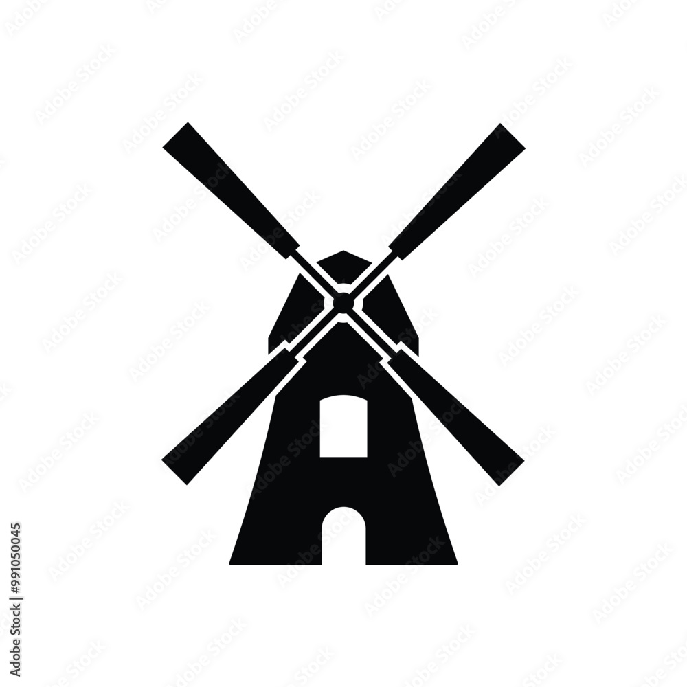 Windmill black and white flat vector icon design on white background Windmill black and white flat vector icon design on white background