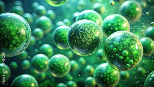 render of abstract green spheres with blurry particles and science texture background overlaid with film emulation effects,