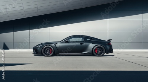 Black sports car parked in front of a grey wall.