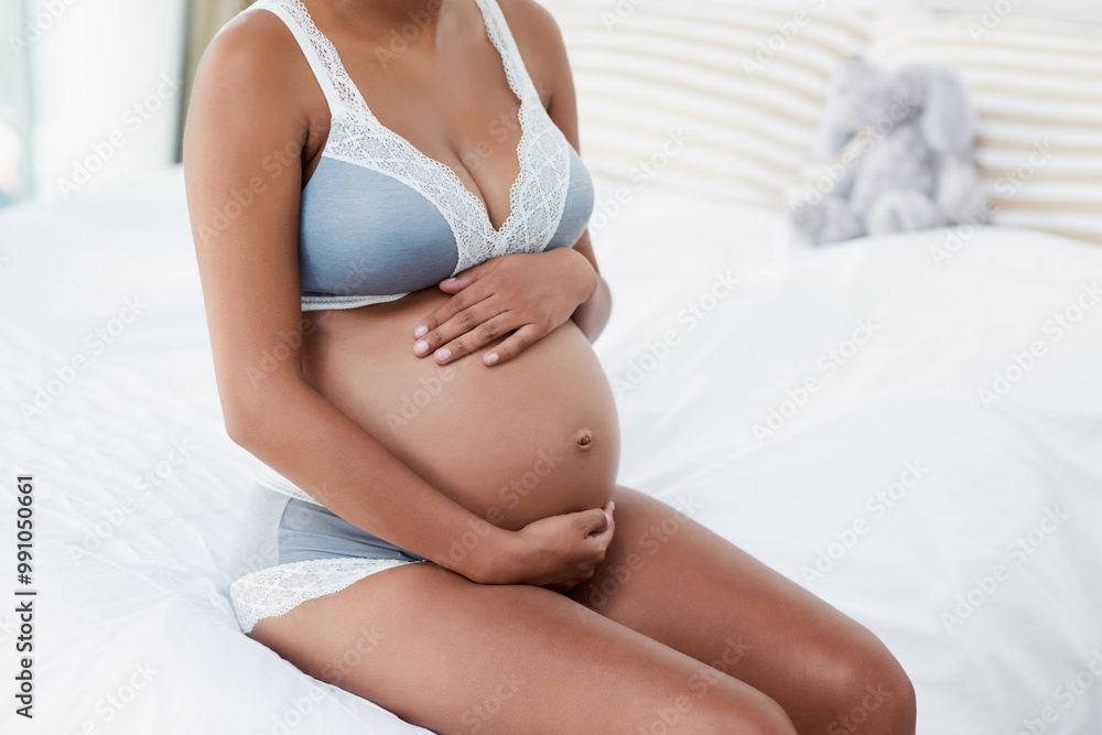 Pregnancy, stomach and hands of woman in bedroom for love, prenatal care and maternity. Pregnant belly, home and person in underwear on bed for rest, relax and calm for health, wellness and fertility Pregnancy, stomach and hands of woman in bedroom for love, prenatal care and maternity. Pregnant belly, home and person in underwear on bed for rest, relax and calm for health, wellness and fertility