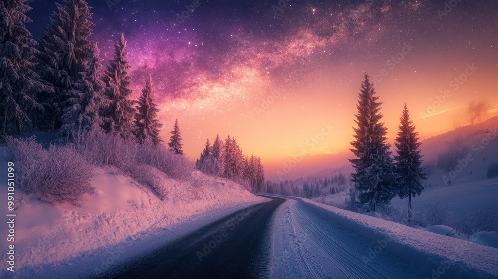 A serene winter landscape under a starry sky, showcasing a winding road and snow-covered trees. A serene winter landscape under a starry sky, showcasing a winding road and snow-covered trees.