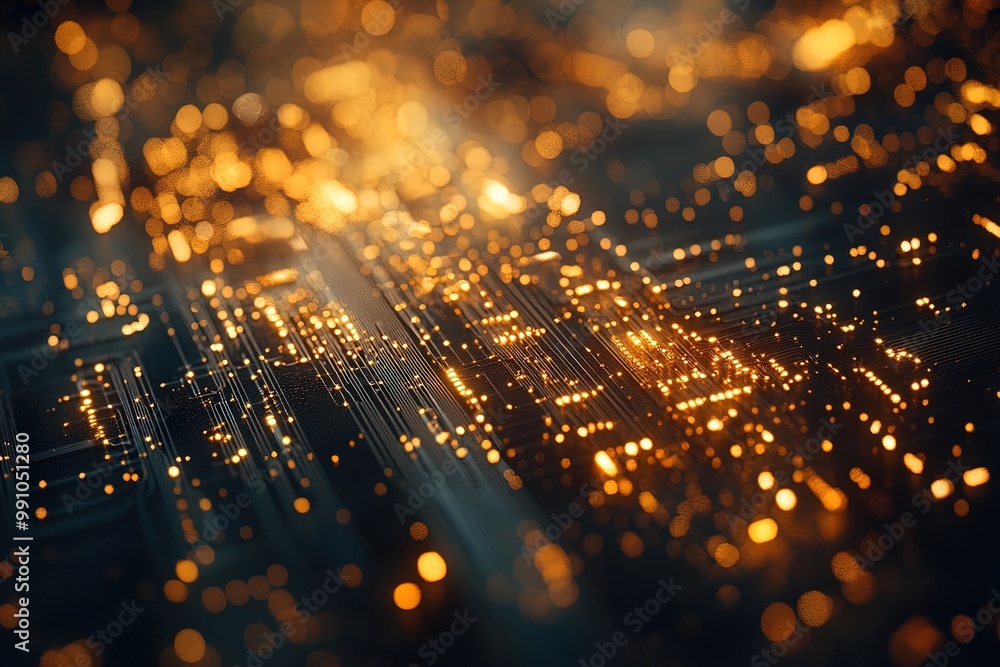 Naklejka premium Abstract Glowing Circuit Design With Intricate Patterns at Night Highlighting Technological Advancements and Digital Connectivity