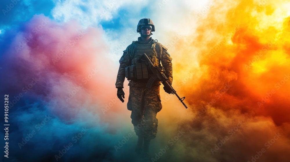 Fototapeta premium Soldier in camouflage gear with a rifle standing in a smoke cloud.