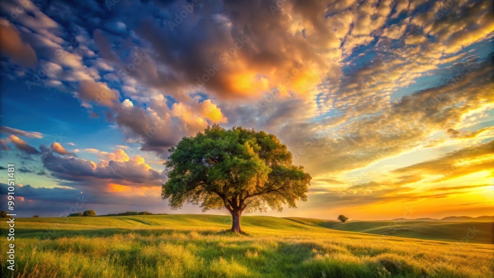 Fototapeta premium Tranquil panoramic rural landscape with tree, meadows, colorful clouds, and golden-blue sky, rural, landscape