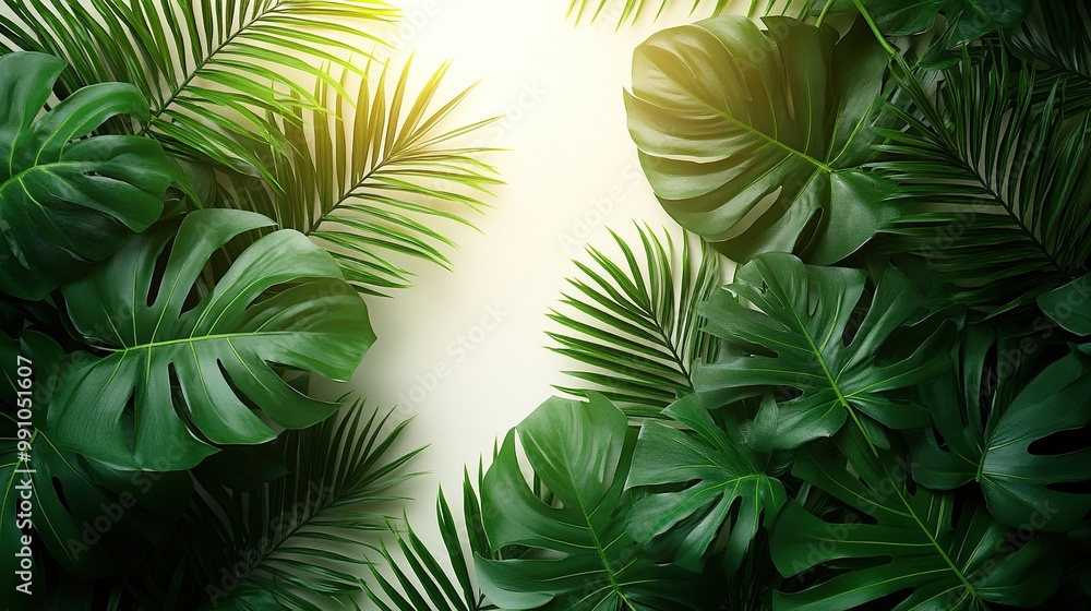 Tropical palm leaves arranged on a white background with space for text. Tropical palm leaves arranged on a white background with space for text.