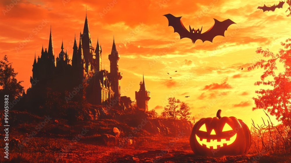 Jack-o-lantern with spooky castle silhouette under a fiery sunset sky. Jack-o-lantern with spooky castle silhouette under a fiery sunset sky.