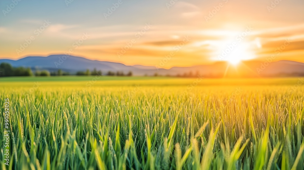 Sunrise over green field and mountains, clear sky Sunrise over green field and mountains, clear sky