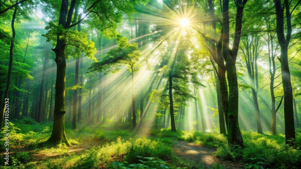 Obraz premium Beautiful rays of sunlight streaming through the lush green trees in a tranquil forest setting, sunlight, green, forest, nature