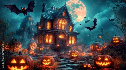 A spooky Halloween scene with a haunted house, a full moon, and jack-o'-lanterns. photo