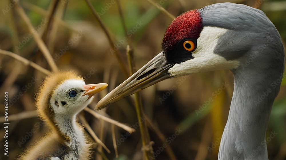 Fototapeta premium Caring Parent Swan Feeding its Fluffy Cygnet Chick in Peaceful Natural Habitat