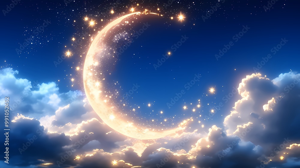 3D crescent moon with stars, clouds, and glittering light effects. 3D crescent moon with stars, clouds, and glittering light effects.