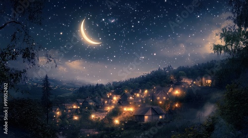 Wallpaper Mural A quaint village nestled amidst a forest, bathed in the soft glow of moonlight and stars. Torontodigital.ca