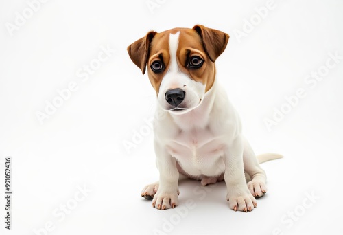 Brown and White Puppy Sitting on White Background