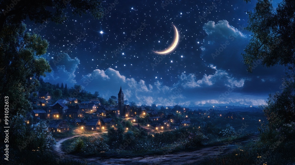 Naklejka premium A small village nestled in a valley under a starry night sky with a crescent moon.