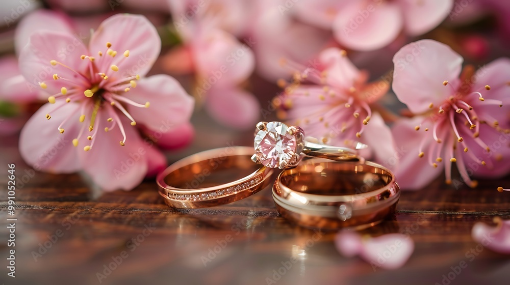 Engagement rings and an adorable depict with pink blossoms on a brown background Engagement rings and an adorable depict with pink blossoms on a brown background