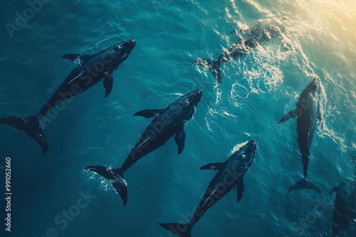 Dolphins Swimming in Clear Blue Waters During Sunset off the Coast of a Tropical Island