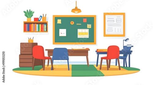 Bright, colorful study room with chairs, desk, and wall decorations.